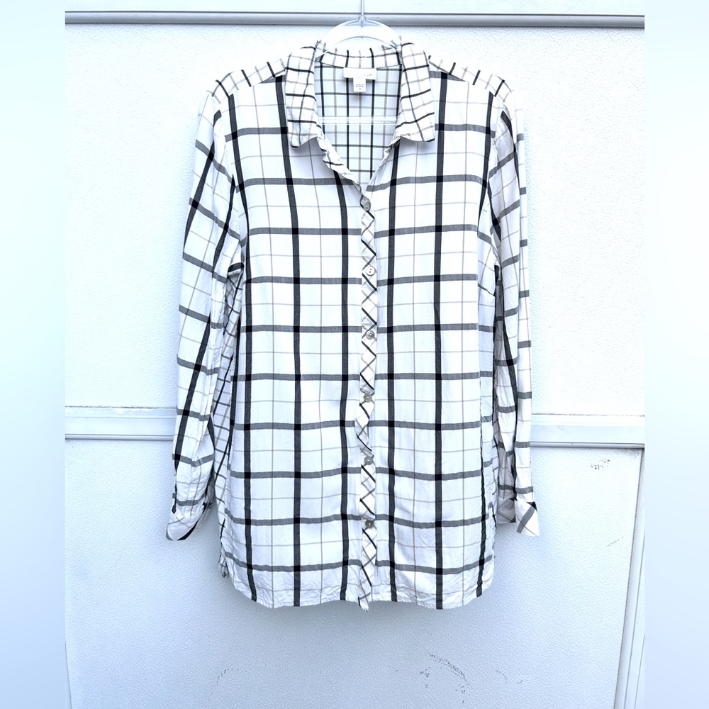 J Jill WOMENS Button Down Shirt M Windowpane Oversized Lightweight Top Casual